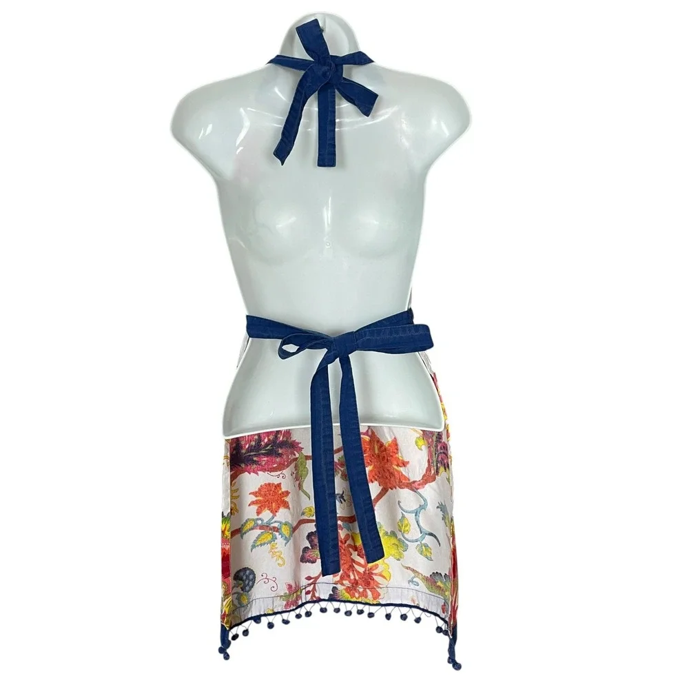 Sur La Table Floral Apron Colorful Cotton Pom Pom Trim Halter Neck Tie Kitchen